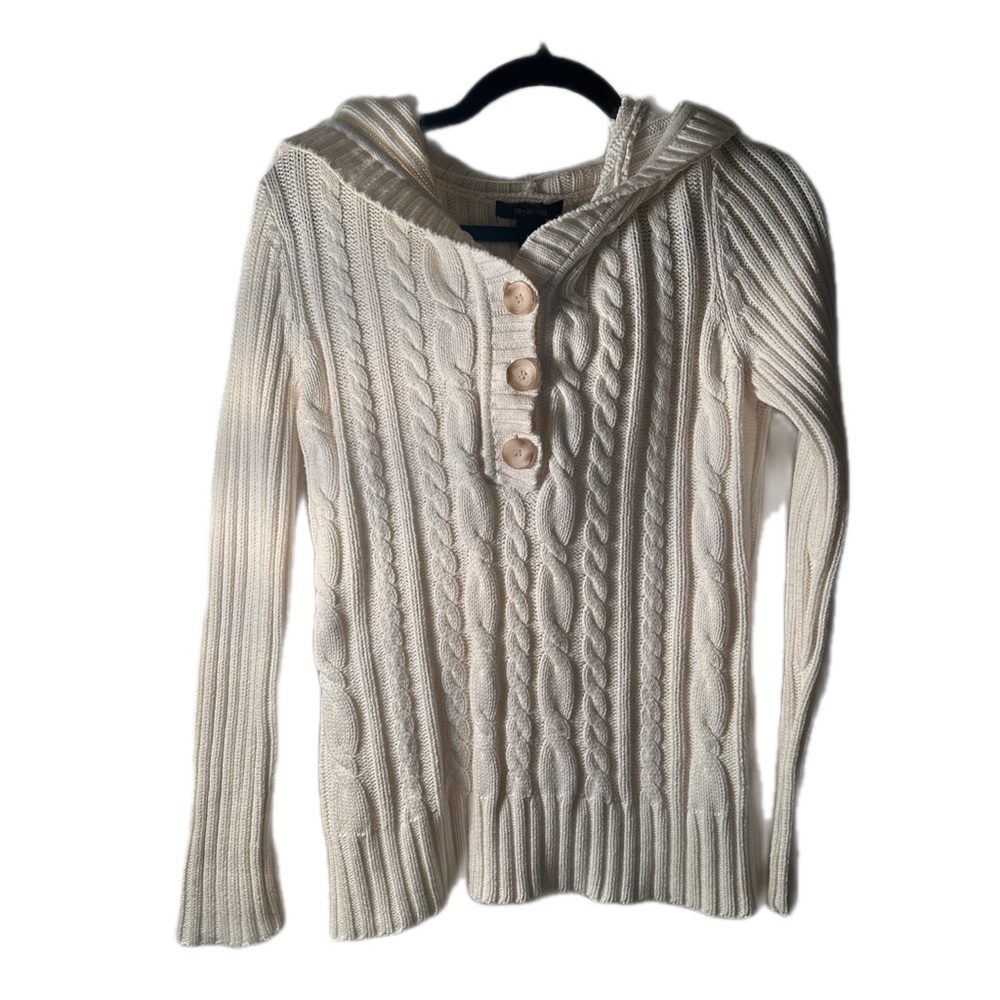 Style & Co. Cream Cable-Knit Hooded Pullover with Button Placket